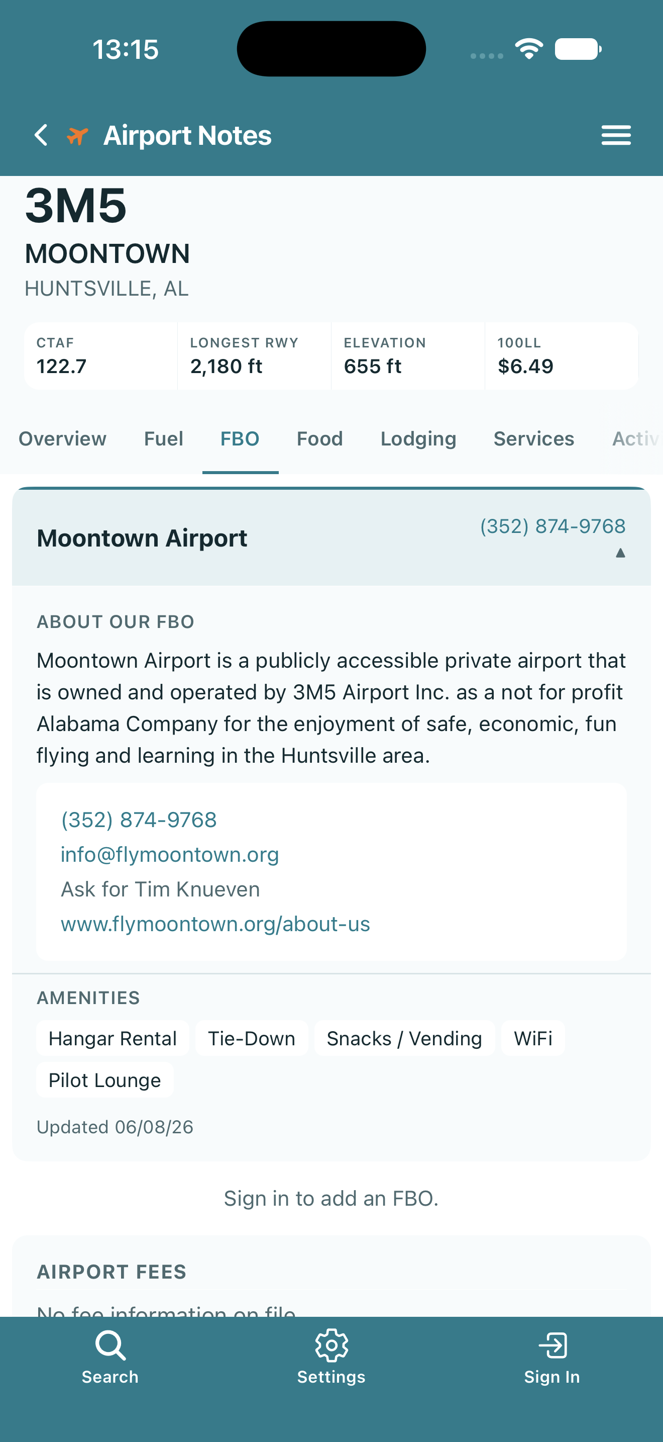FBO details screen